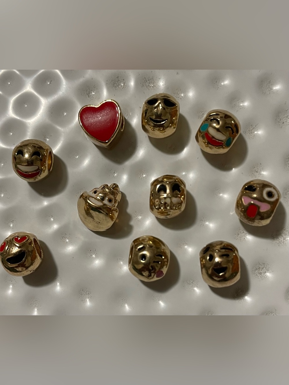 Gold Emoji and Heart Charm Beads - Pandora style. Set of 10